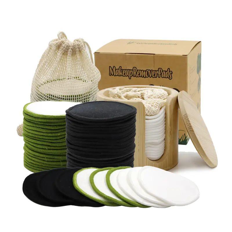 Desmaquillante Reble redondo de algodón y bambú con embalaje de cinta tejida y caja redonda de bambú
